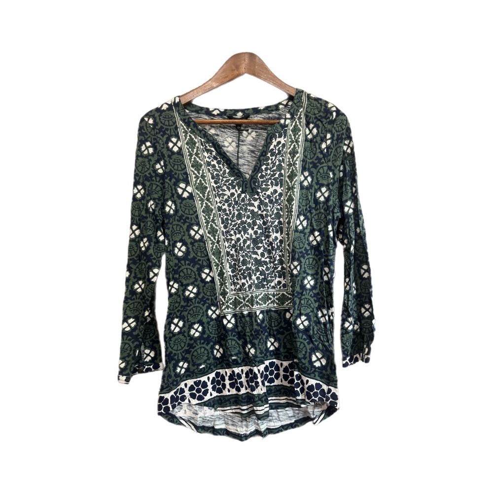 Lucky Brand Knit Top Womens L Green Navy NWT Mixed Print 3/4 Sleeve V-Neck